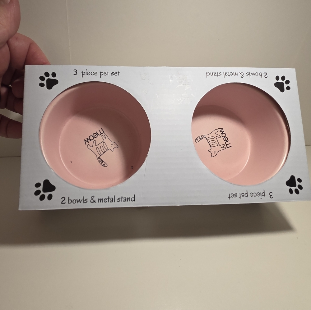 Ceramic Pet Bowl 3-Piece Set for Cats & Metal Stand New